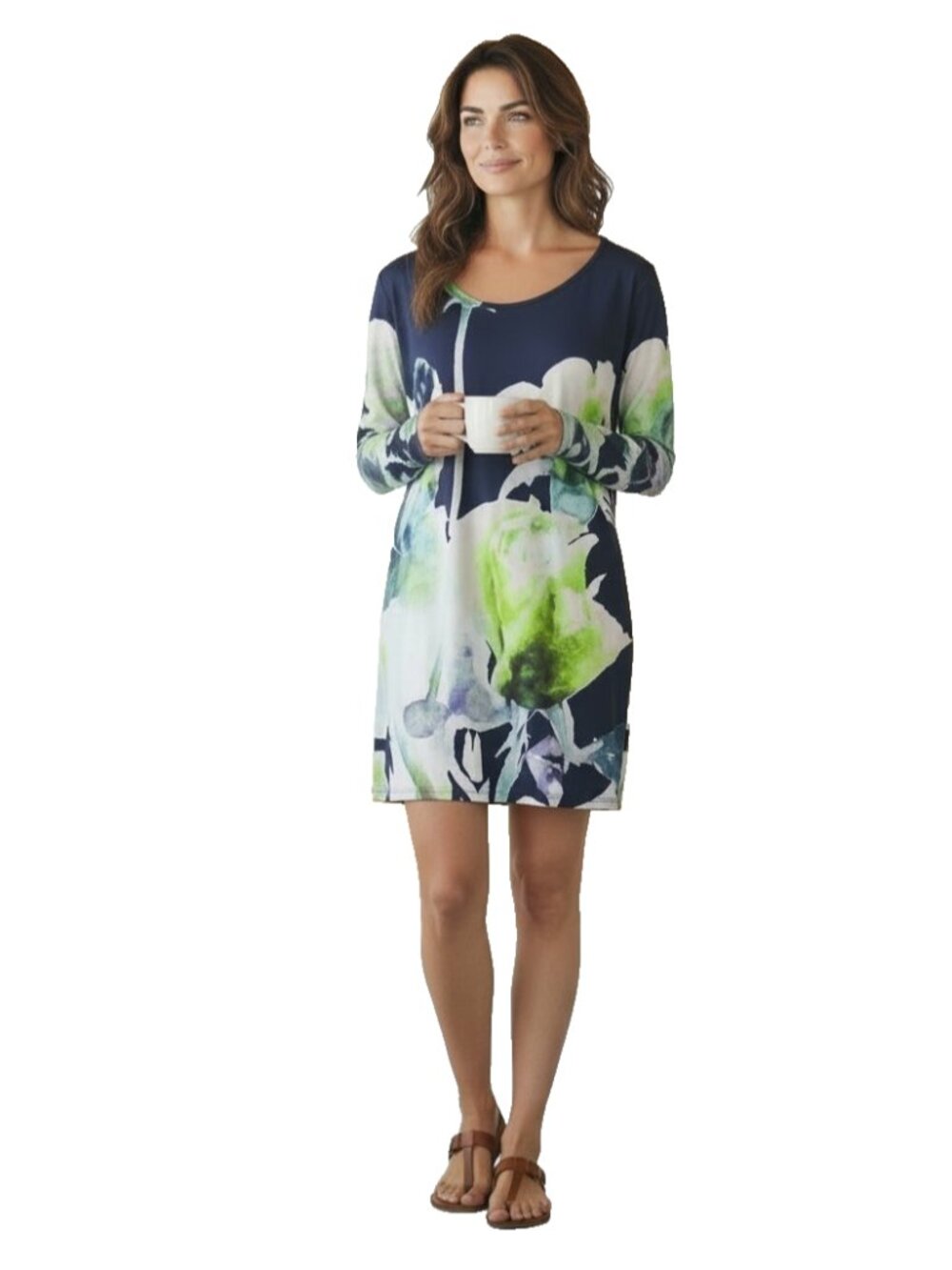 Trisha Tyler Navy Blue Floral Mini Dress Tunic Top Womens Size XL Long Sleeve